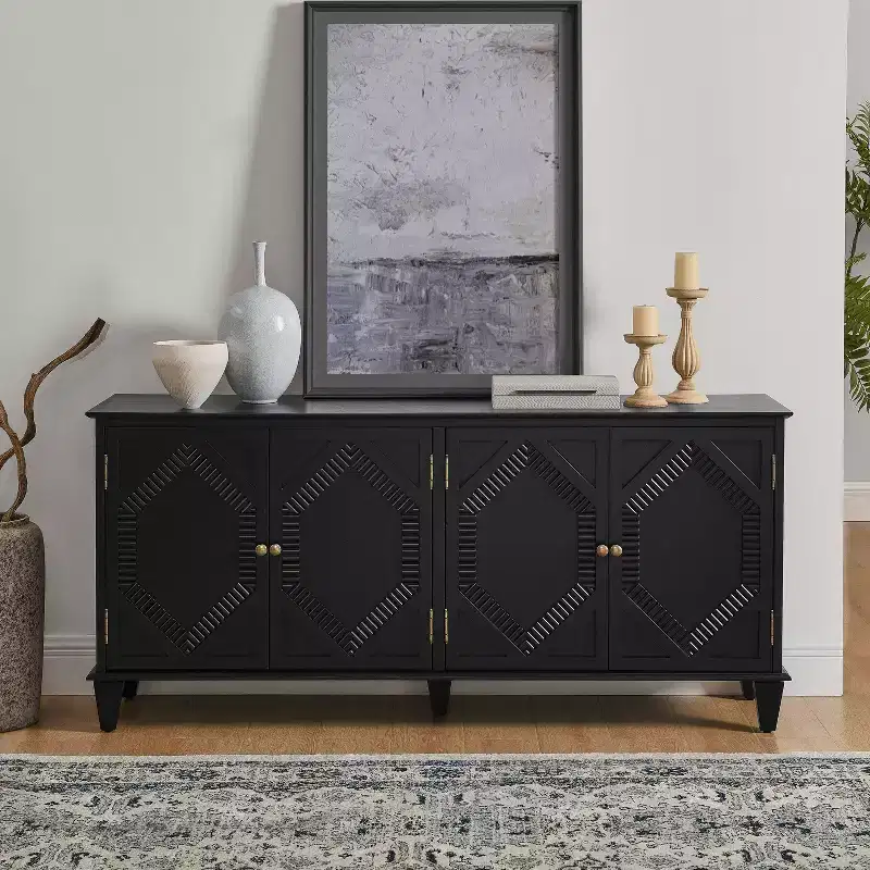 TUYOHW Buffet Server Cabinet,Cabinet with Symmetrical Geometric Accent,Adjustable Shelf,Brass Handles,Console Table for Living Room,Kitchen,Black