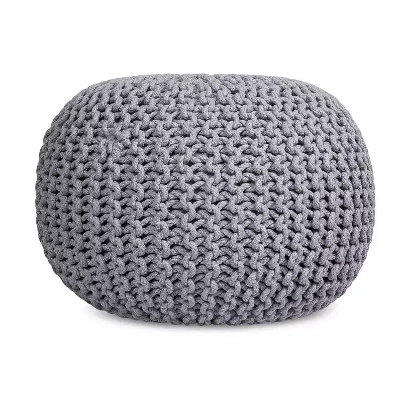 Light Grey Round Knitted Pouf Ottoman, 1-Person