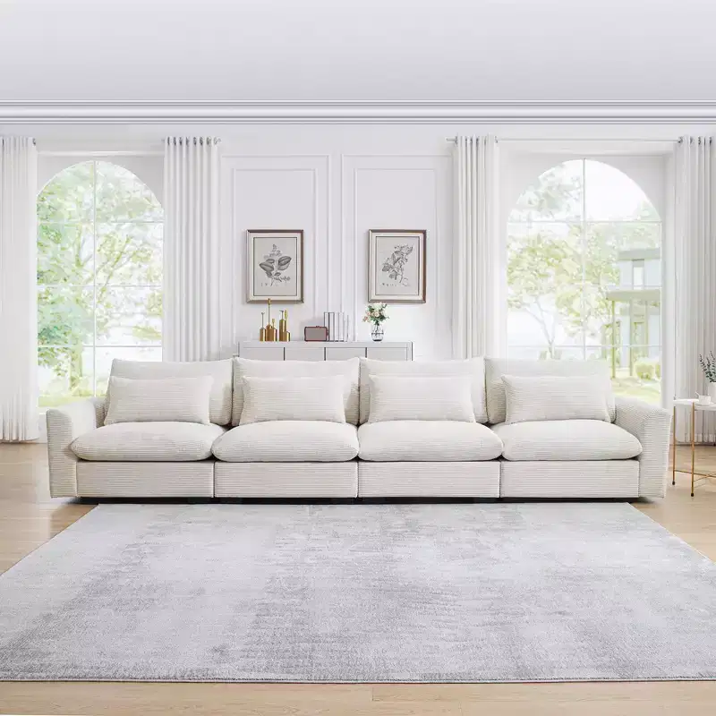4 Seater Deep Seat Couches, Modern Living Room Beige Corduroy Sofas, Comfy Design with 4 Waist Pillows