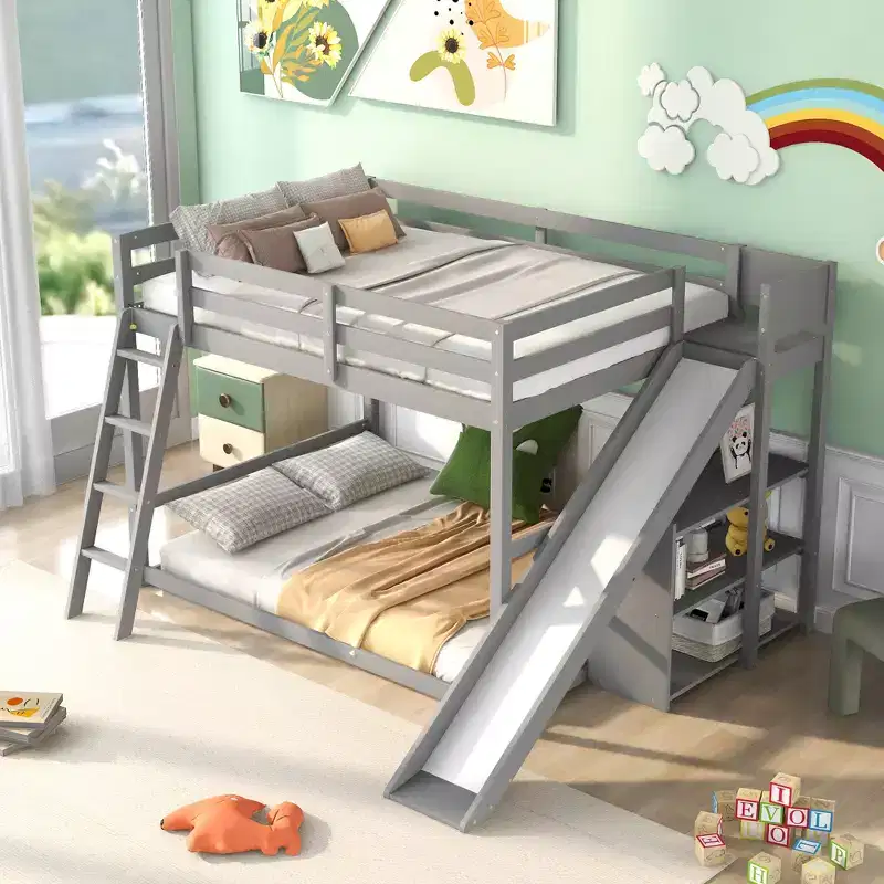 Full over Full Bunk Bed with Ladder, Slide, and Shelves