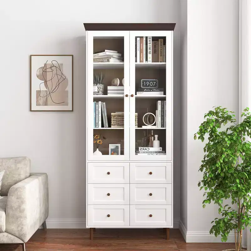 Storage Cabinet White MDF Display with Glass Doors Adjustable Shelves Freestanding Cupboard for Kitchen Living Room