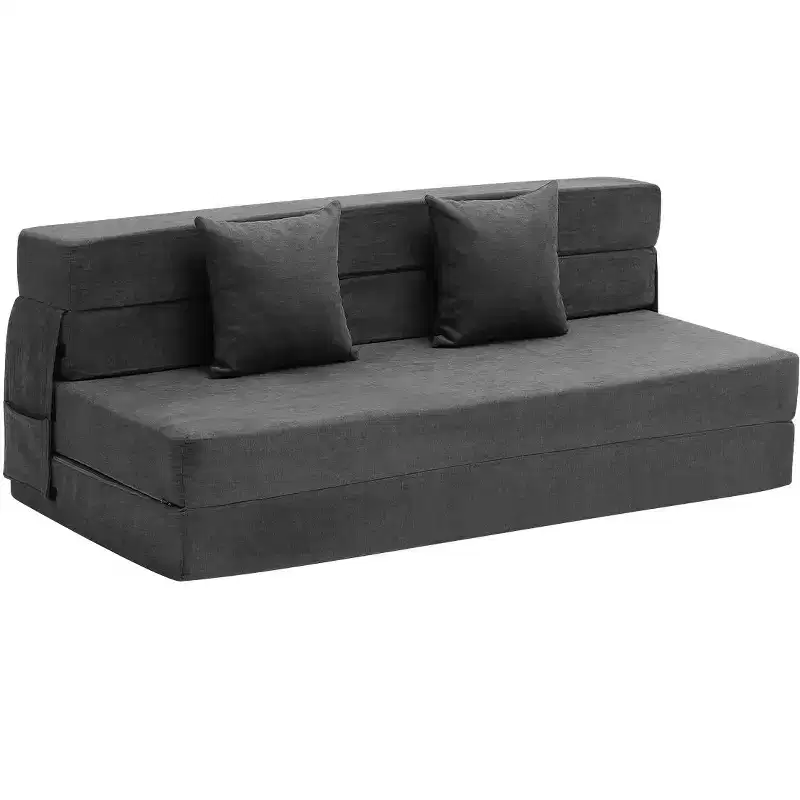 Folding Sofa Bed, 3-in-1 Foldable Couch Bed with 2 Pillows and Washable Cover, High Density Memory Foam Sleeper Chair Bed, Dark Grey (Queen)
