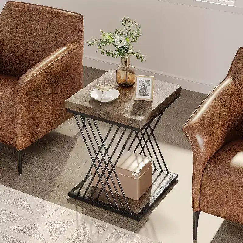 2-Tier Square End Table / Side Table – Marble Veneer, Cross-Bar Design