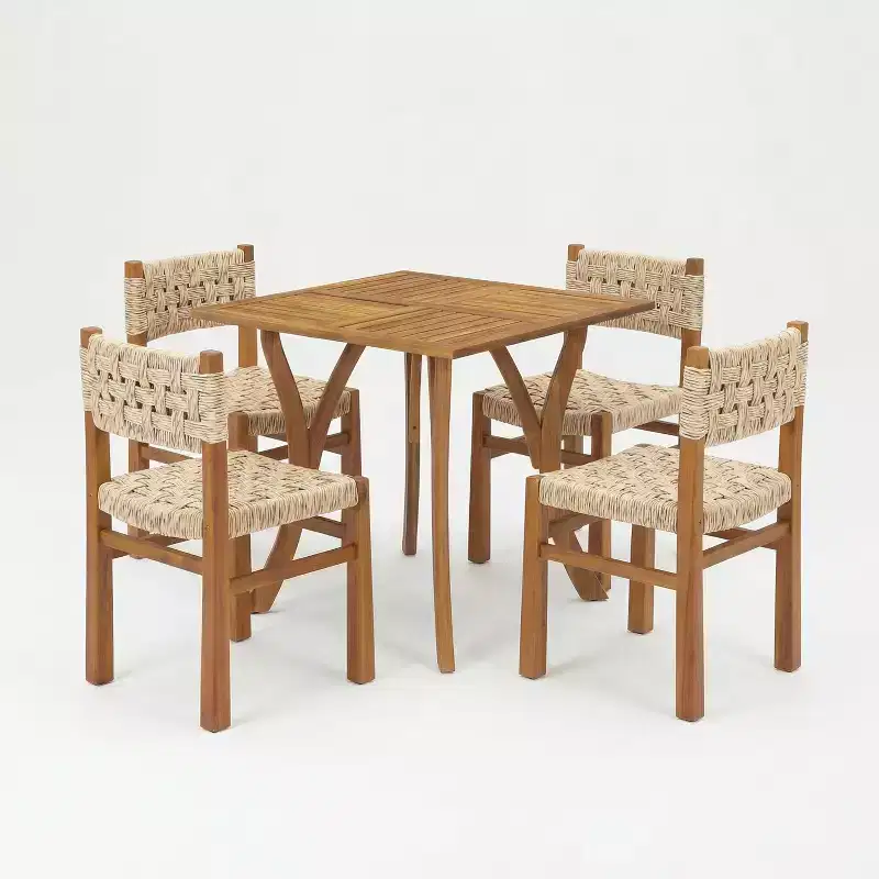 Christopher Knight Home Ginni Farmhouse 5 Piece Acacia Wood Dining Set with Slatted Design and Wicker Weave