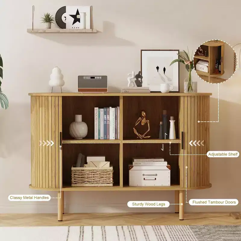GustoWave 47 Fluted Sideboard Buffer Cabinet with Sliding Doors, Modern Wood Accent Storage Cabinet with Adjustable Shelves