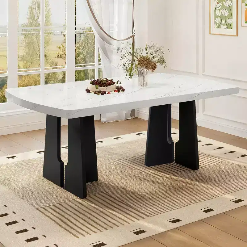 63 Modern Faux Marble Dining Table with Geometric Legs and Sturdy Construction