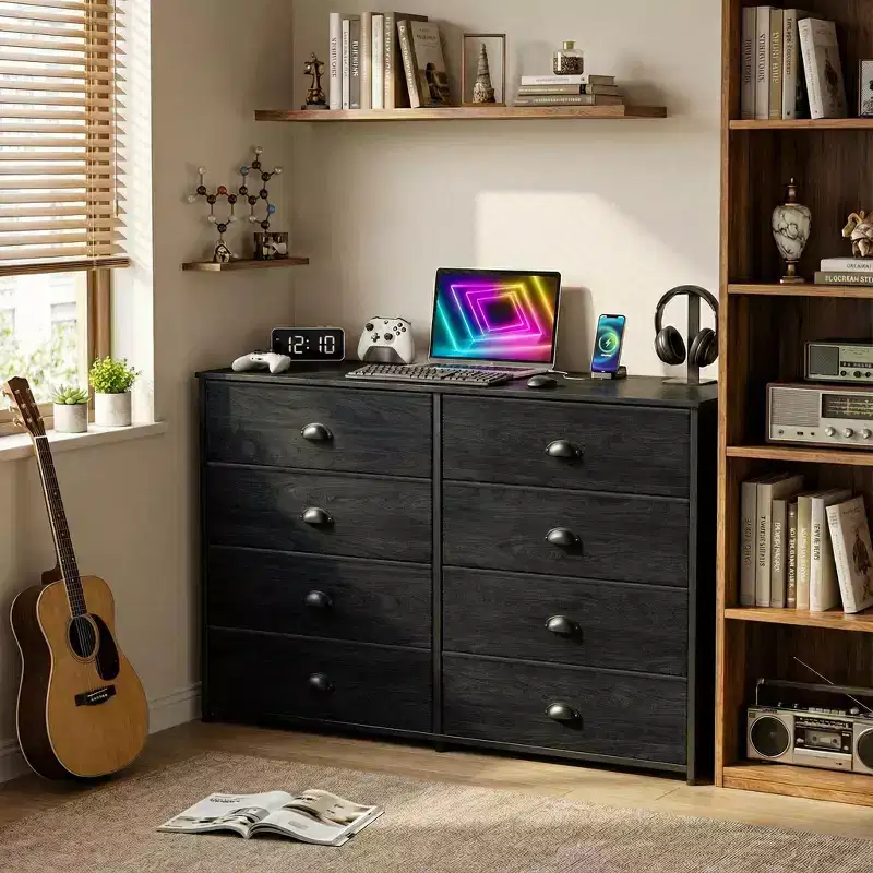 Wide 8 Drawer Dresser Fabric Storage Chest Organizer for 55 inch TV Stand Entertainment Center with Wood Top for Bedroom Living Room Entryway