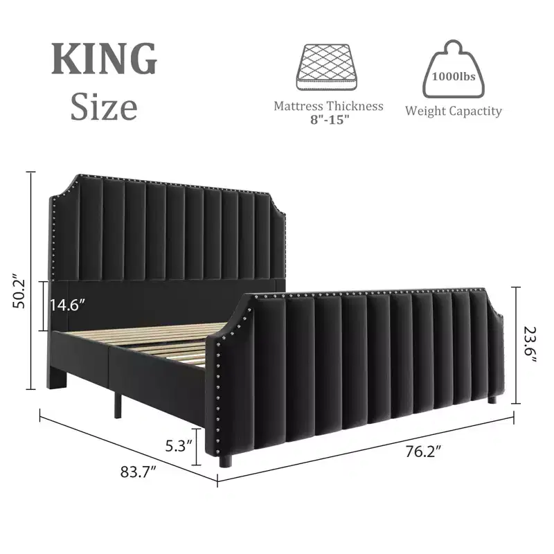 King Size Bed Frame with Velvet Upholstered Headboard, Rivet Decor, Strong Wood Slats, No Box Spring Needed, Easy Assembly
