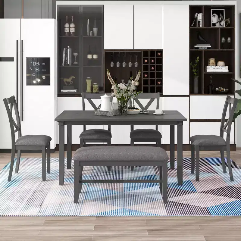 Whisen 6-Piece Wooden Rectangular Kitchen Dining Table Set with 4 Fabric Chairs and Bench
