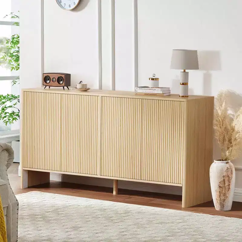 58-Inch Wood Sideboard Cabinet with 4 Fluted Doors and Adjustable Shelves