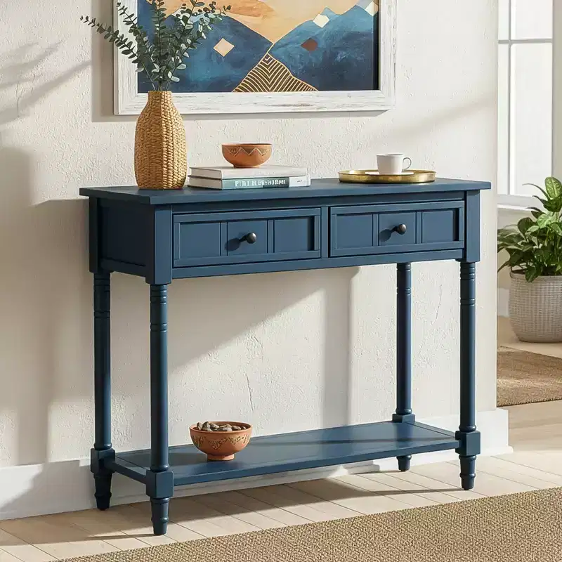 Traditional Entryway Console Table with 2 Drawers and Bottom Shelf, Solid Pine Wood