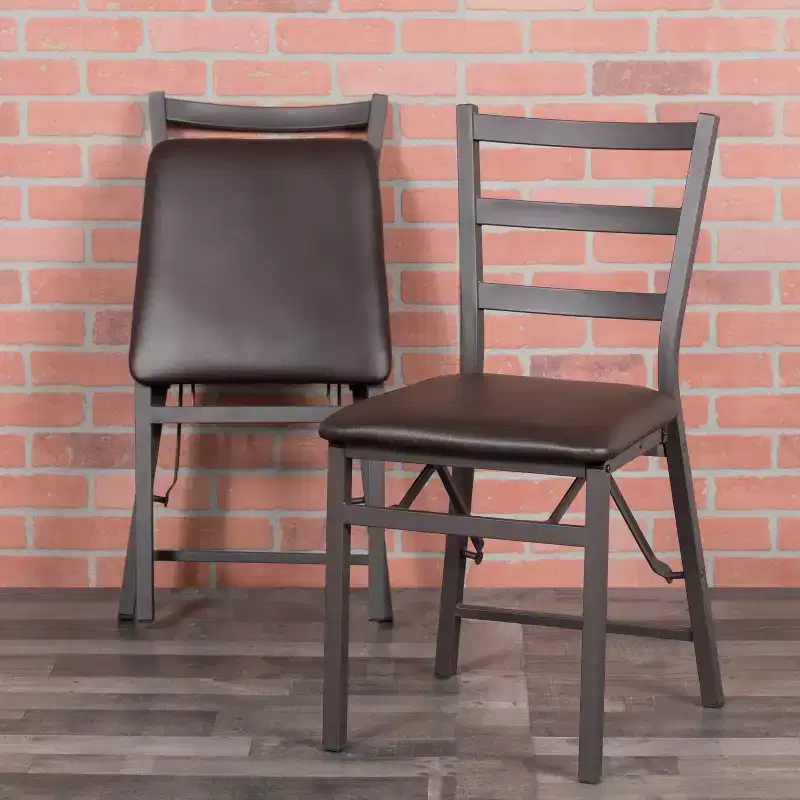 Set of 2 Folding Ladder Back Metal Chairs with Brown Vinyl Seat, 225 lb Capacity