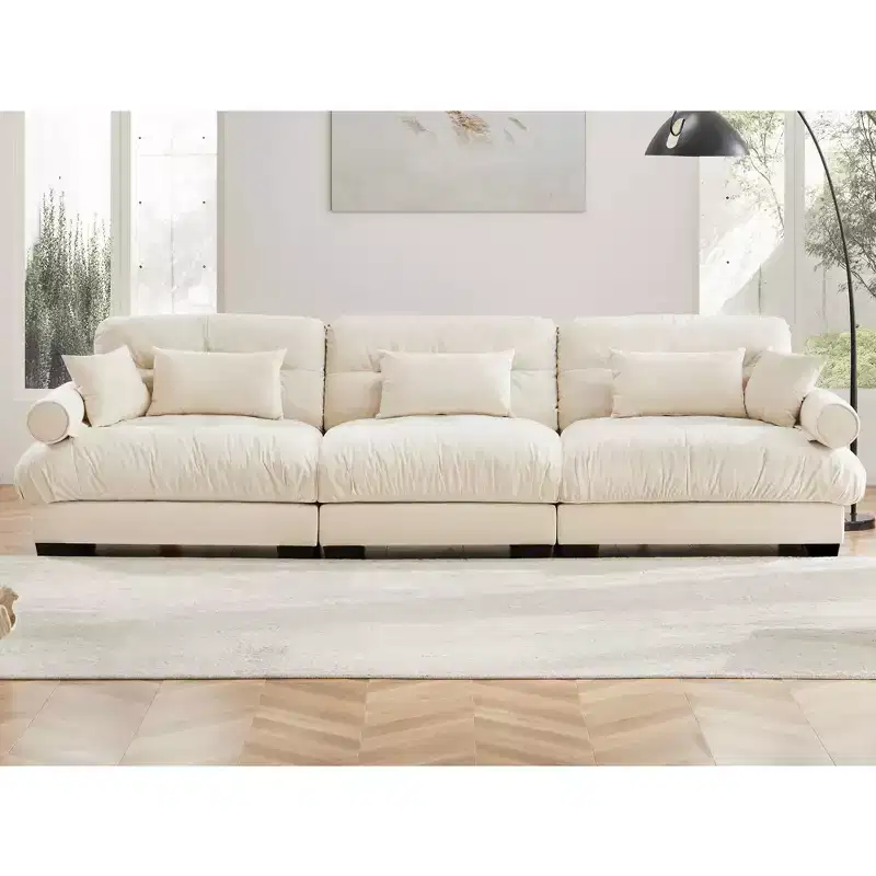 Extra Large 3 Seat Modern Velvet Sofa Cloud Like Comfortable Seat and Back Support with Waist Pillows and Throw Pillows Cream