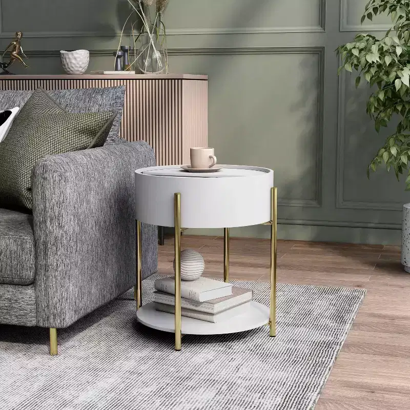 Lenvine 20" Modern Round Storage End Table White - miBasics: Iron Frame, Open & Fixed Shelves, Smooth Finish