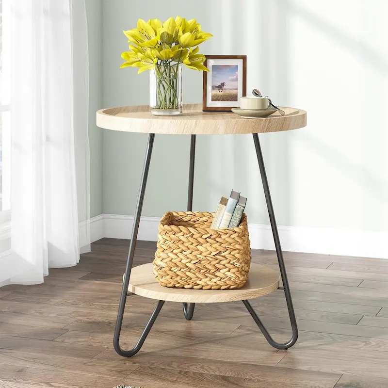 2-Tier Round Side Table with Metal Frame and Wood Top