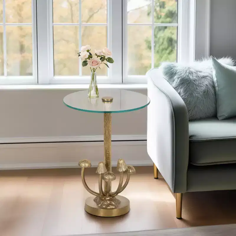 Accent Table Metal Aluminum Tempered Glass Mushroom Base Finish Round Top for Home Office Bedroom Living Room Decor - 20 Gold