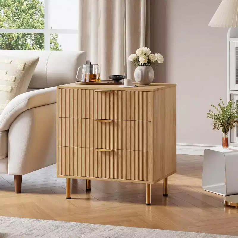 Dresser, 3 Drawer Natural Wooden Chest of Drawers, Fluted Modern Nightstand with Deep Drawers