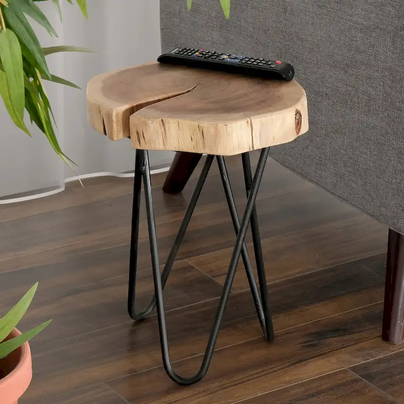 12 in. Round Acacia Wood Accent End Table with Black Metal Legs