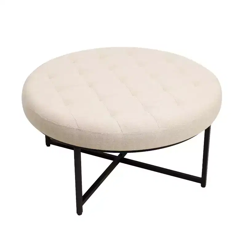 34-Inch Round Cotton-Linen Tufted Ottoman (with Metal Frame)