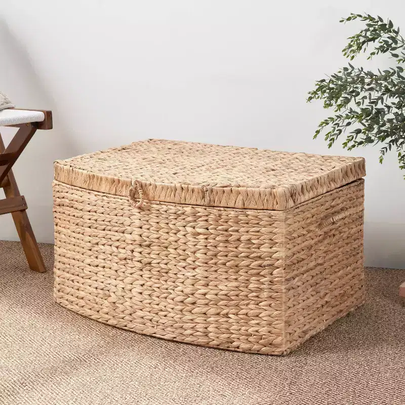 26"x19"x14"  Rectangular Water Hyacinth Wicker Trunk Natural Brown: Storage Chest, Iron Frame
