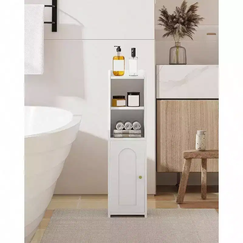 Bathroom Storage Cabinet Corner Floor Cabinet with Doors Adjustable Shelf Narrow Toilet Paper Cabinet Small Spaces White