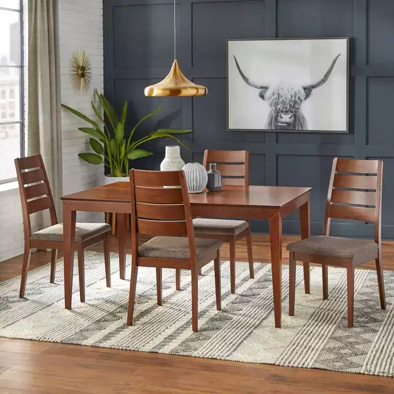 Mid-Century Dining Chairs Walnut: Beech Wood, Ladder Back Design, Gray Upholstery