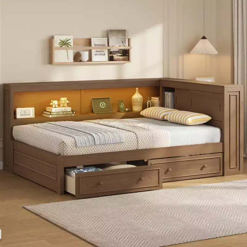 Full Size Wood Daybed with Storage Shelves, USB, LED, and 2 Drawers, Antique Wood Color