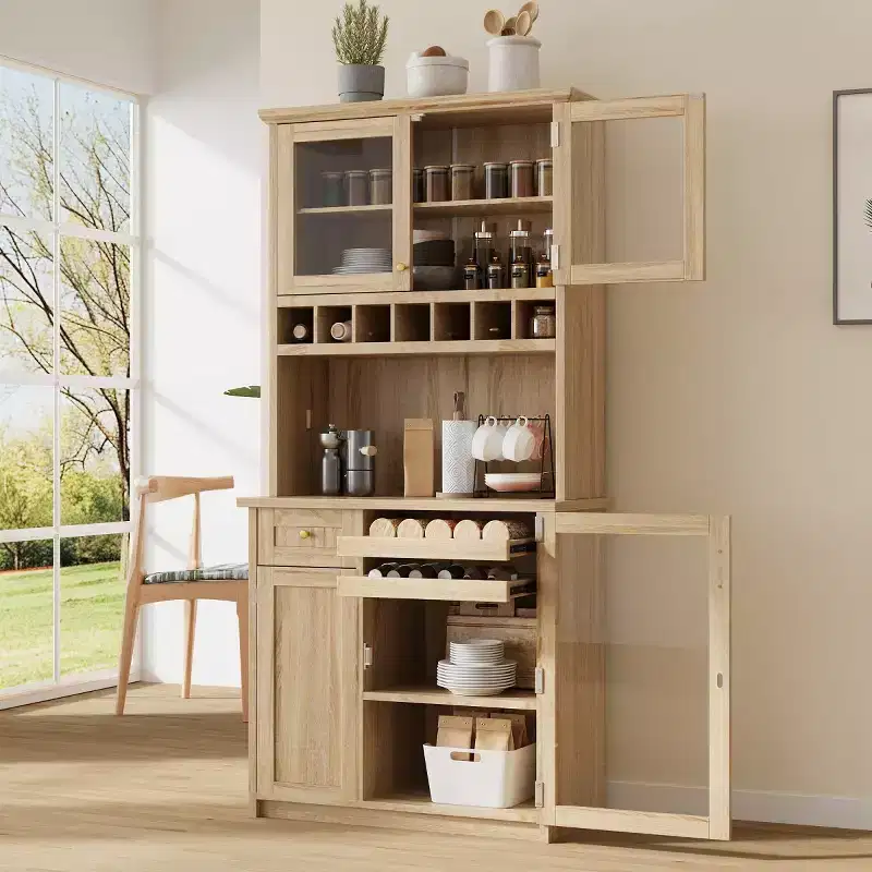75 Tall Kitchen Pantry Cabinet with Glass Doors, Freestanding Buffet Hutch for Kitchen, Dining Room, or Living Room-Panipeachy