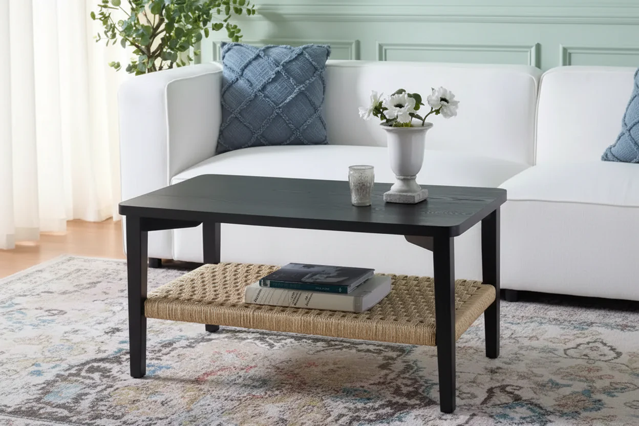 Modern Black Coffee Table with 1 Open Shelf – Living Room