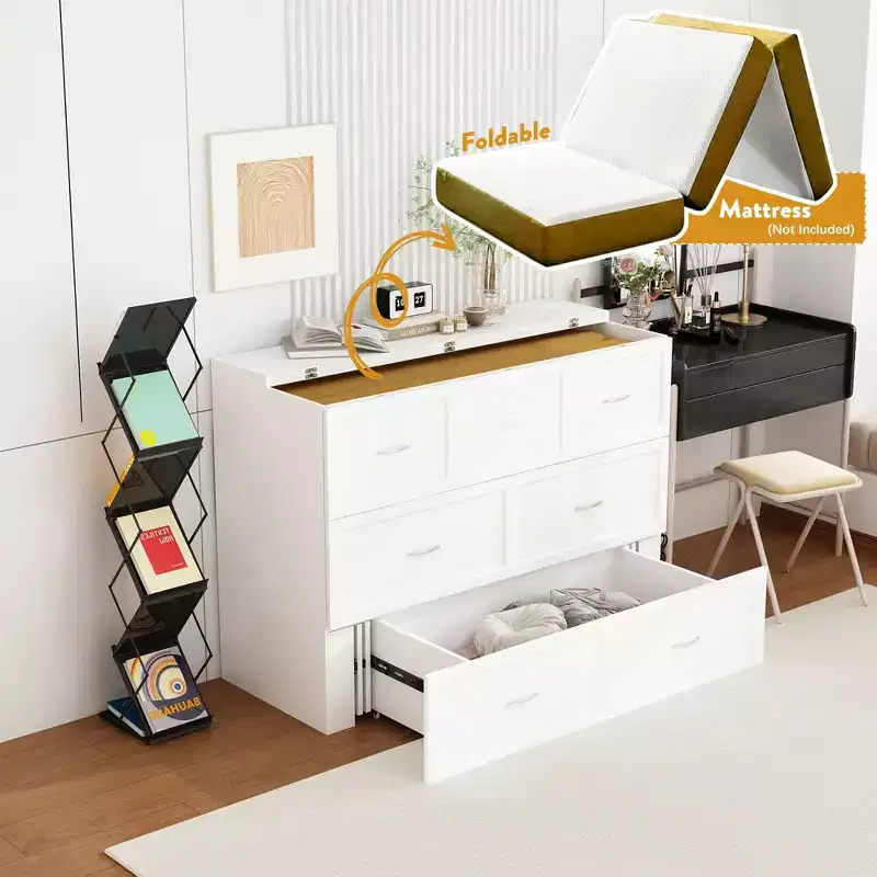 White Pull-Out Murphy Bed with Drawer & Charging Station – Full/Queen, 1–2 Person