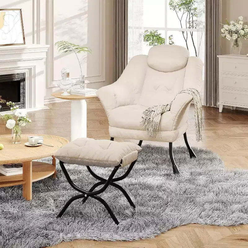 Lazy Chair Modern Living Room Chairs, Ergonomic Reading Chair with Armrests, Comfy Chair with Ottoman for Bedroom Office