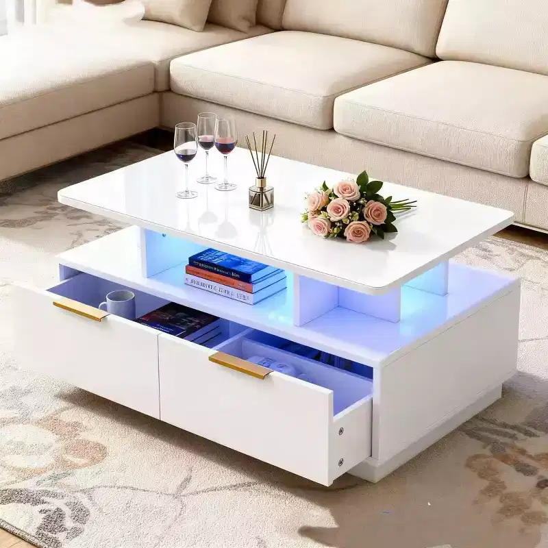 High-gloss coffee table, rectangular coffee table, adjustable color, 4 drawers and open shelving, 35-inch sofa table, suitable for living room.
