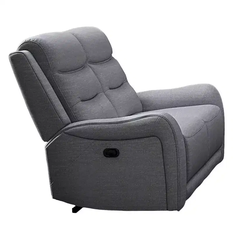 Manual Recliner Loveseat with Scrolled Arms, 40 Inch, Solid Wood, Gray