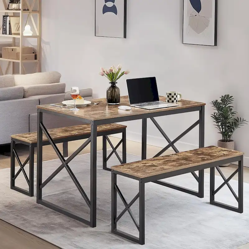44.3 Dining Table with Benches Kitchen Table set for 4 Rectangular Dining Room Table Set with 2 Metal Wood Benches