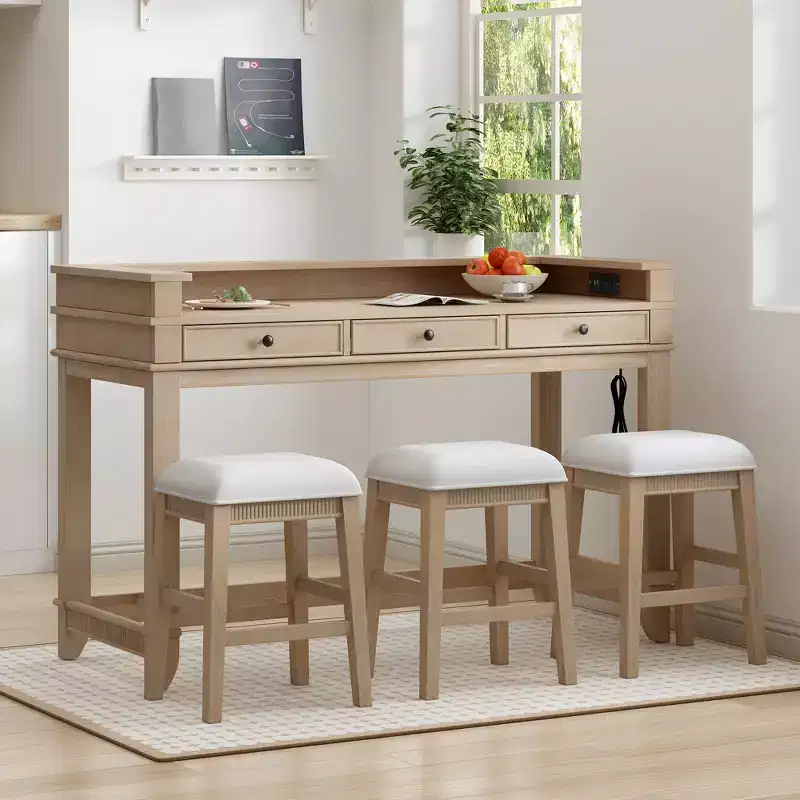 Whisen 4-Piece Dining Bar Table Set with 3 Upholstered Stools and 3 Drawers