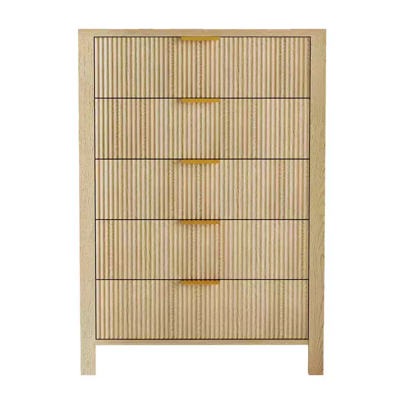 Oak / Oak Ash Fluted 5-Drawer Dresser – Slim Tall Chest for 1 Person, 31.5
