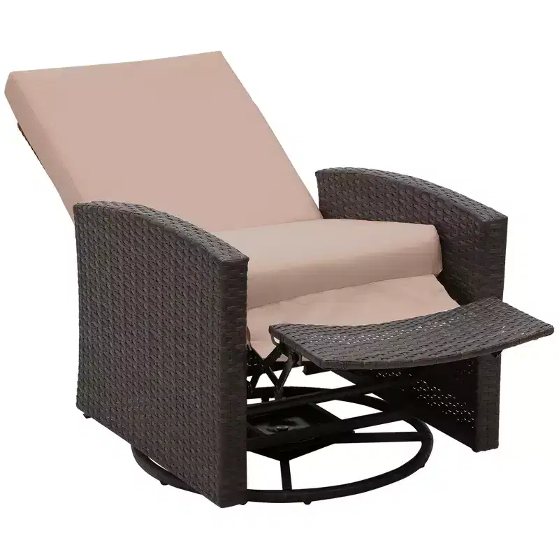 Outdoor Wicker Swivel Recliner Chair, Reclining Backrest, Lifting Footrest, 360 Degree Rotating Basic, Water Resistant Cushions for Patio