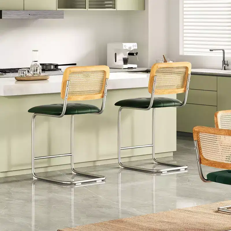 PexFix 2Pcs Counter Height Bar Stools Upholstered PU Leather Barstools with Rattan Back 24 inch Stools Armless Bar Chairs for Kitchen Island Green