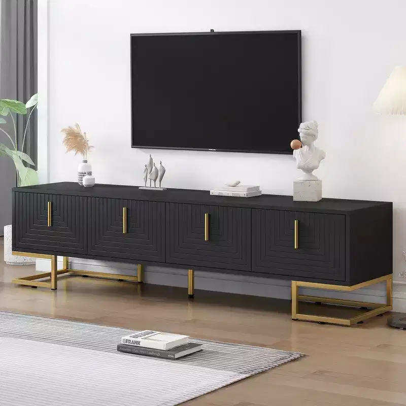 Whisen Modern TV Stand with Metal Legs & Gold Handles, Console Table with Cabinets and Adjustable Shelves, Fits TVs Up to 80''