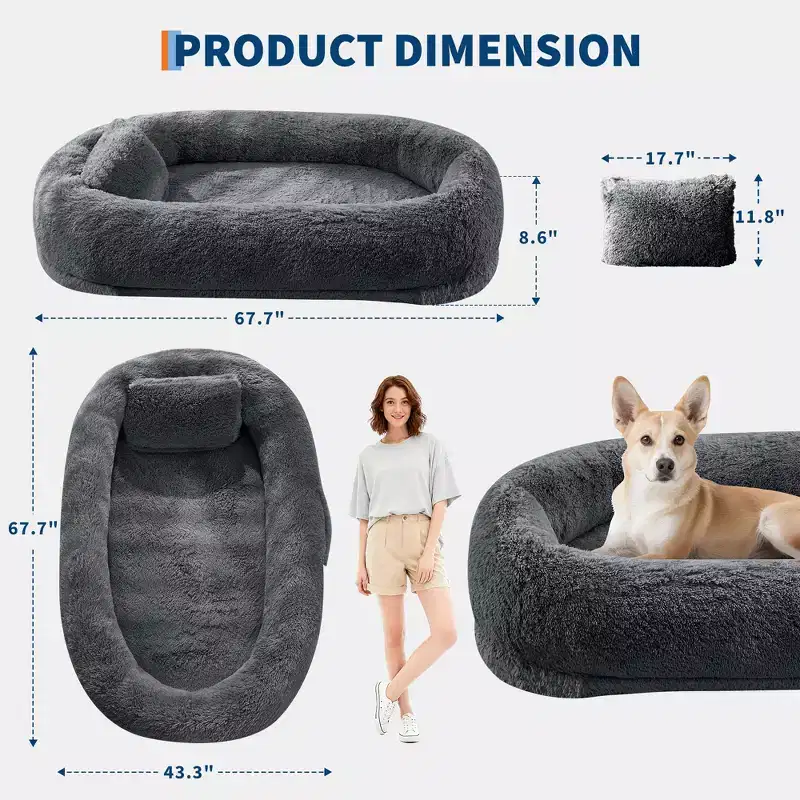67x43x8 Human Dog Bed for Adult and Pets, No Assembly Required, Washable Fluffy Faux Fur, Orthopedic Dog Bed with Plump Pillow, Side Pocket