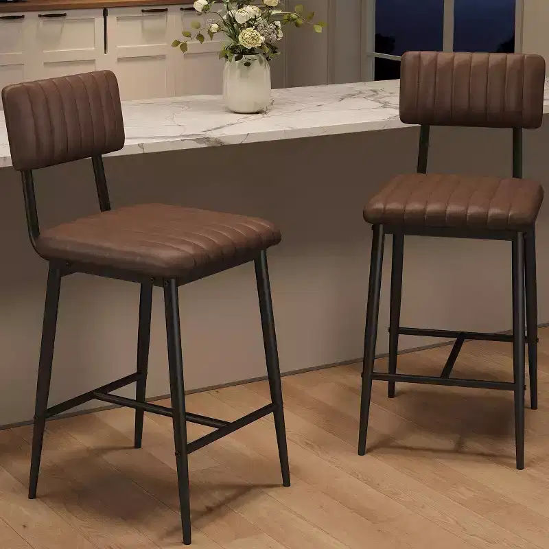 Bar Stools Set of 2, Tall Bar Chairs with Thick Cushion & Thickened Metal Legs, PU Leather Counter Height Barstools, for Island, Counter Bar