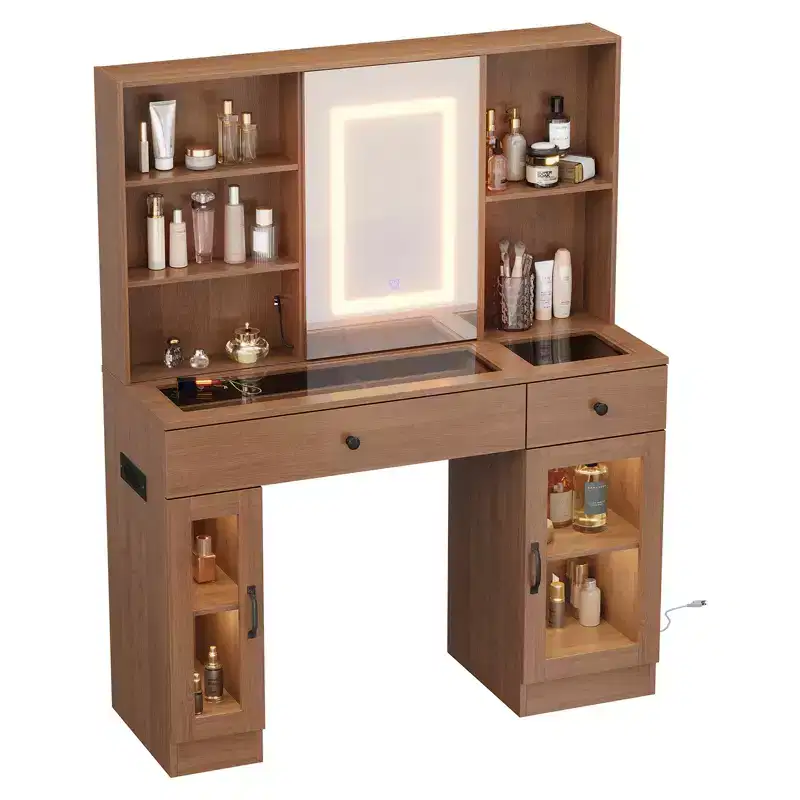 Large Vanity Desk with Sliding Mirror & 3-Color LED Lights, Makeup Dressing Table with Storage Drawers, Shelves, Cabinets, MDF Beauty Station