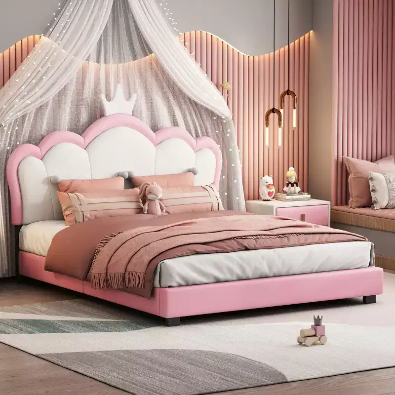 Full/ Twin Size Platform Bed, Upholstered Princess Bed Frame with Crown Headboard -ModernLuxe