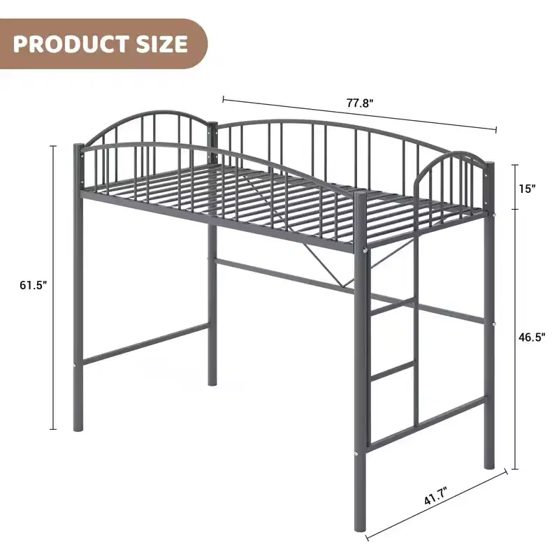 Loft Bed Twin Size, Heavy Duty Metal Loft Bed Frame with Arched Guardrail and Safety Ladder, Space-Saving, No Box Spring Needed, Modern Gray