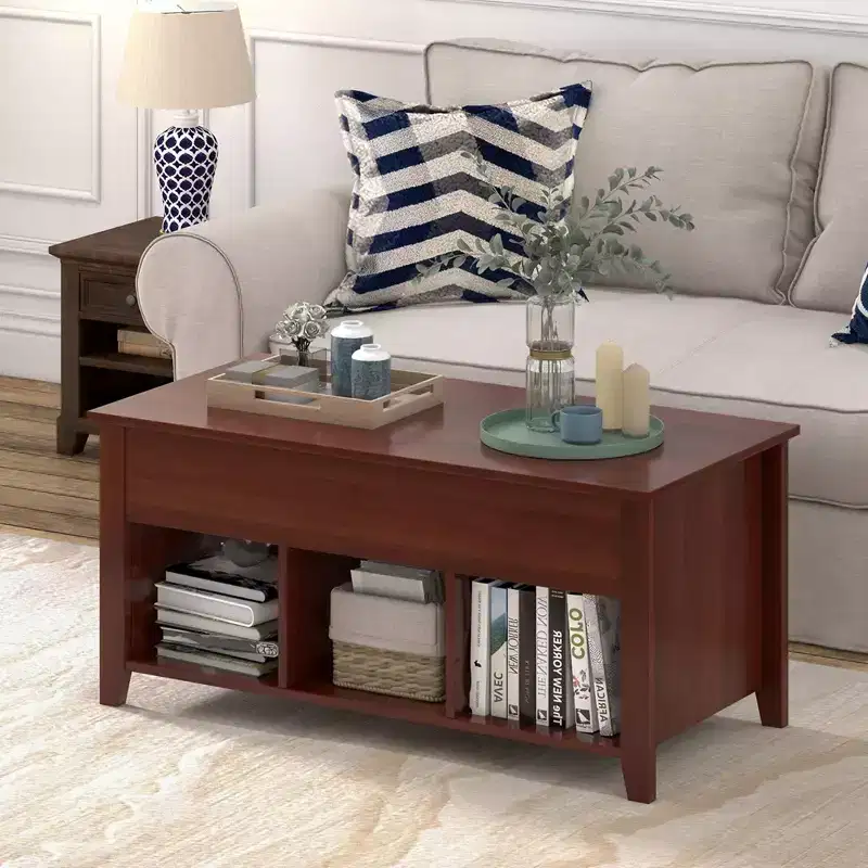 Lift Top Coffee Table with Hidden Compartment and Storage Shelves, Brown