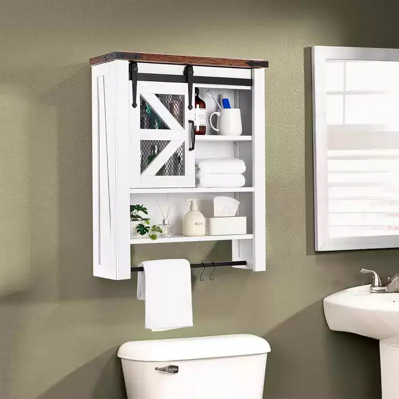 Wall-Mounted Bathroom Cabinet with Sliding Barn Door and Adjustable Shelf, Farmhouse-Style Over-Toilet Storage with Towel Bar, Suitable for Bathroom