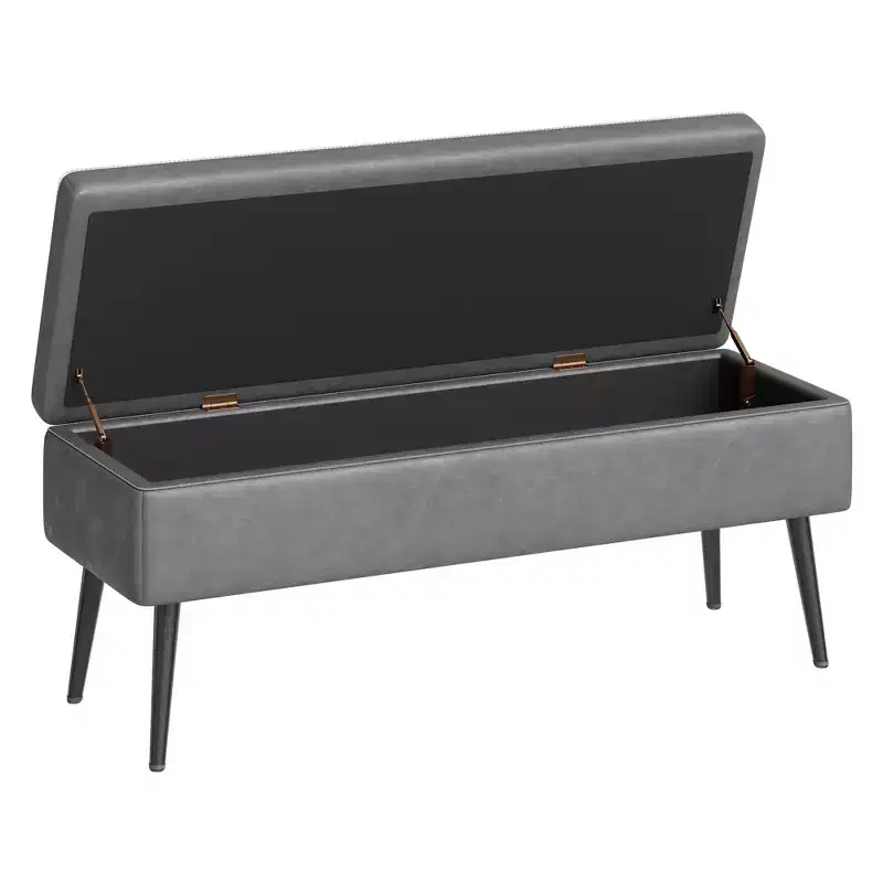 Mid-Century Modern Ottoman Bench with Storage Faux Leather Upholstered Shoe Bench Rectangular End of Bed or Entryway Seating Dual Safety Hinges