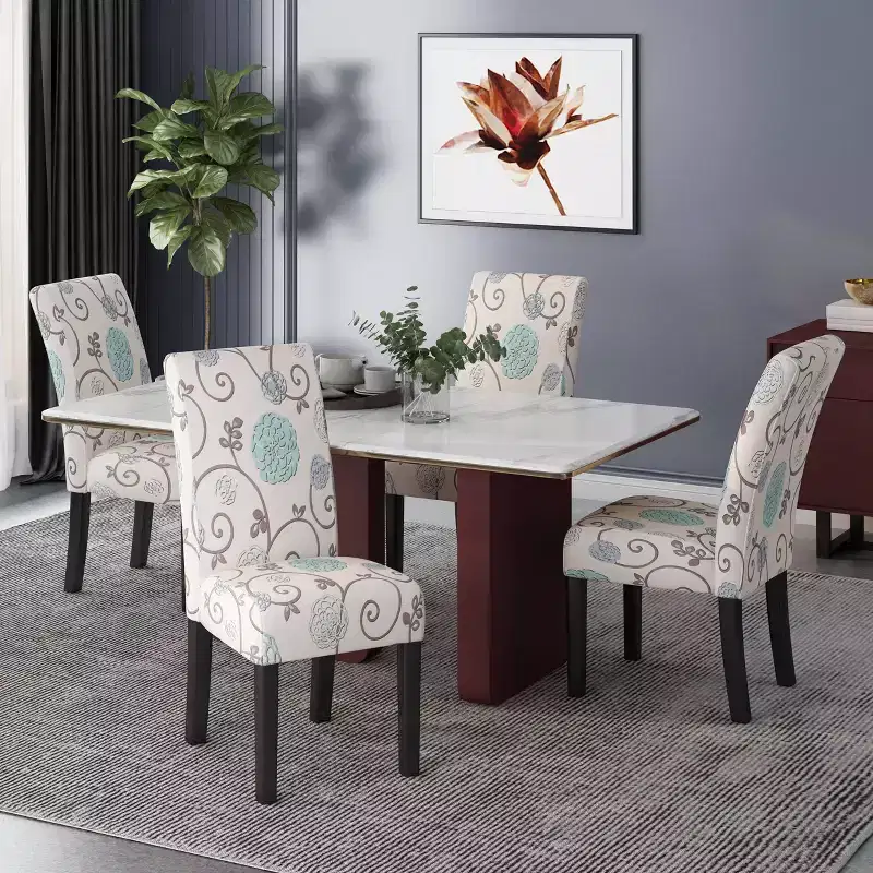 Christopher Knight Home Set of 4 Pertica Contemporary Fabric Dining Chairs Light Beige with Blue Floral: Upholstered, Rubberwood Legs, Polyester