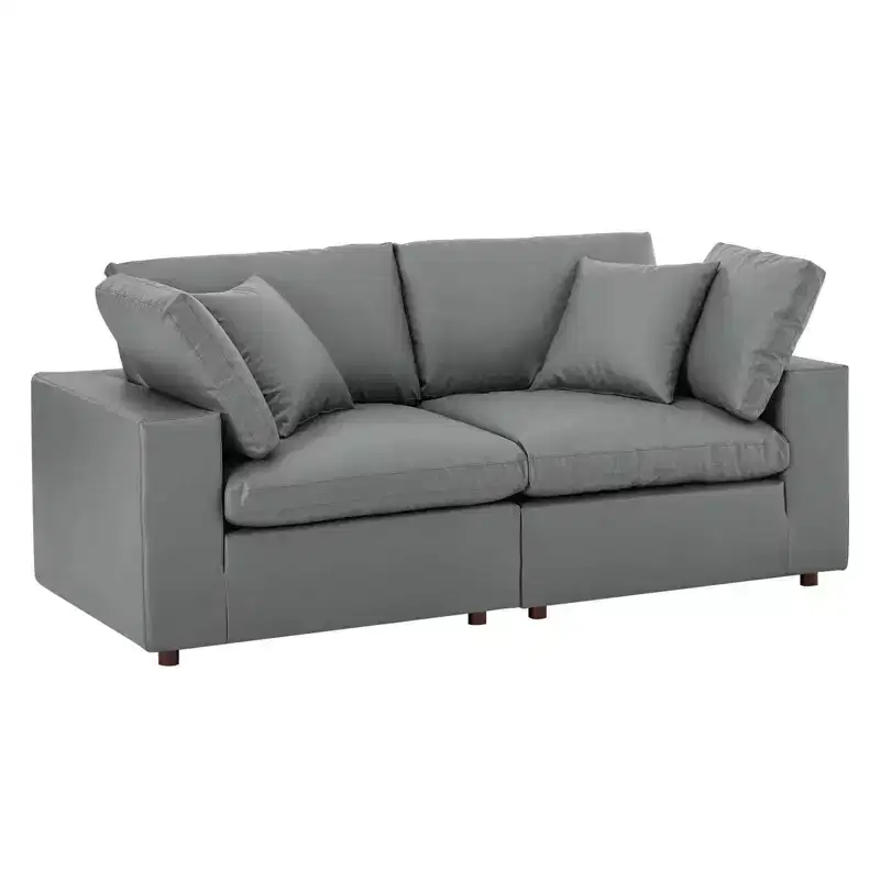 Down Filled Overstuffed Vegan Leather Loveseat, Gray