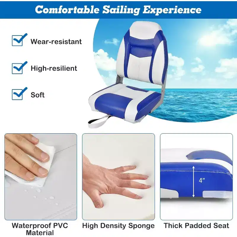 Gymax 1/2PC High Back Boat Seat Folding Fishing Seat w/ Soft Padded Cushion Fold-down Captain Boat Seat w/ Flexible Hinges Black/Blue